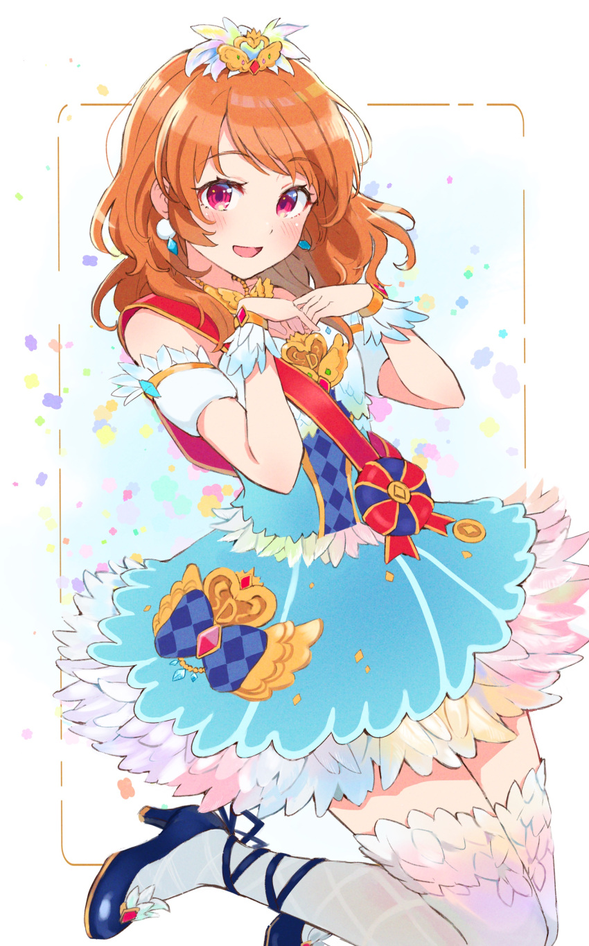 1girl :d absurdres aikatsu! aikatsu!_(series) bare_shoulders blue_dress blush border bow detached_sleeves dot_nose dress dress_bow earrings floating high_heels highres idol jewelry jumping long_hair looking_at_viewer medium_dress ogura_(sao_no) open_mouth orange_hair ozora_akari purple_eyes smile solo straight_hair thighhighs tiara white_background white_thighhighs wrist_cuffs zettai_ryouiki