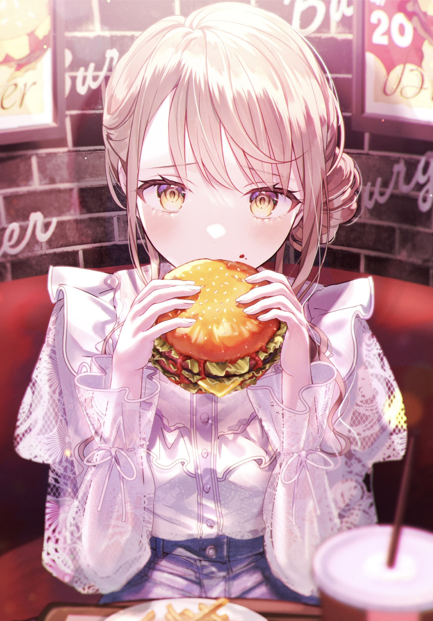 1girl biting blonde_hair blurry blush brick_wall burger cover cover_page denim denim_shorts depth_of_field eating eyelashes food food_on_face hair_bun highres holding holding_burger holding_food indoors kappe_reeka lace_trim long_hair looking_at_viewer novel_cover novel_illustration official_art original shirt shorts shy single_hair_bun sitting solo yellow_eyes