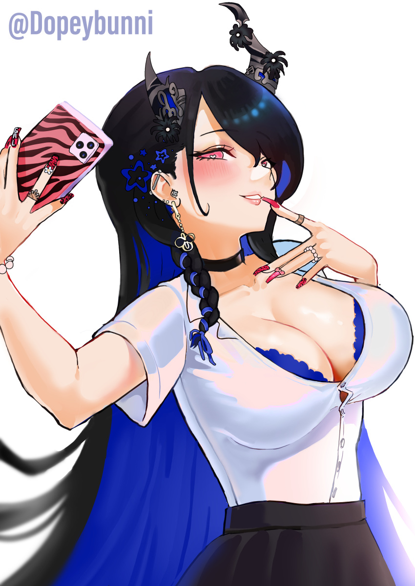 1girl absurdres barbell_piercing black_hair black_skirt blue_bra blush bra bra_peek breasts cellphone choker cleavage colored_inner_hair dopeybunni ear_piercing earrings finger_to_mouth fingernails gyaru heart heart-shaped_pupils highres holding holding_phone hololive hololive_english horns industrial_piercing jewelry large_breasts long_fingernails long_hair multicolored_hair nail_polish nerissa_ravencroft phone piercing pink_eyes selfie short_sleeves simple_background skirt smartphone solo symbol-shaped_pupils underwear virtual_youtuber white_background