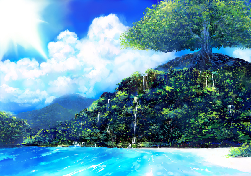 day forest highres matsumoto_noriyuki nature no_humans ocean original scenery sky sunlight tree water