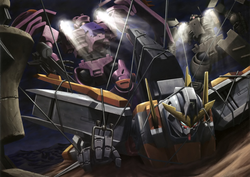 bound desert gundam gundam_00 gundam_kyrios highres mecha no_humans sand tied_up tieren tieren_taozi