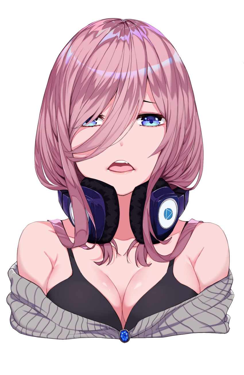 1girl bare_shoulders black_bra blue_eyes blush bra breasts cleavage collarbone commentary_request frown gem go-toubun_no_hanayome grey_sweater hair_between_eyes headphones headphones_around_neck highres lanzero large_breasts long_hair looking_at_viewer nakano_miku off-shoulder_sweater open_mouth purple_hair sapphire_(gemstone) simple_background solo sweater underwear upper_body upper_teeth white_background
