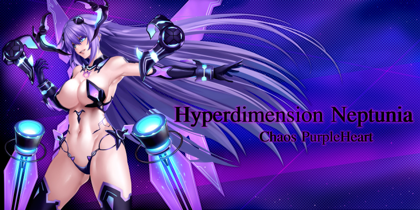 1girl absurdres blue_eyes blush boots braid breasts character_name cleavage copyright_name elbow_gloves gloves highres large_breasts long_hair looking_at_viewer mechanical_wings midriff navel nepnep_connect:_chaos_chanpuru neptune_(series) nyamota open_mouth paid_reward patreon_reward power_symbol purple_hair purple_heart purple_heart_(chaos_form) revealing_clothes smile solo star stomach symbol-shaped_pupils tattoo thigh_boots thighhighs tied_hair very_long_hair wings