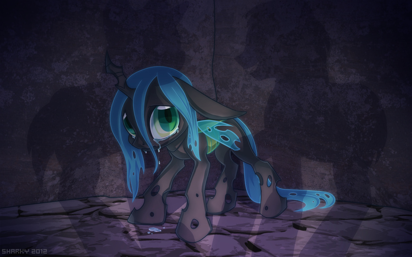albinosharky blue_hair changeling crying cute female feral friendship_is_magic green_eyes hair horn invalid_tag looking_at_viewer my_little_pony queen_chrysalis_(mlp) sad solo standing tear_trail tears unknown_artist wings young younger
