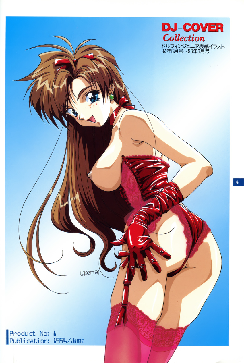 1girl 90s absurdres ass blue_eyes breasts brown_hair cowboy_shot dated earrings frame garter_straps gloves highres jewelry lace lace-trimmed_thighhighs large_breasts lingerie long_hair looking_at_viewer neck_ribbon nipples open_mouth original red_gloves red_neckwear ribbon solo suzuki_gamma thighhighs underwear