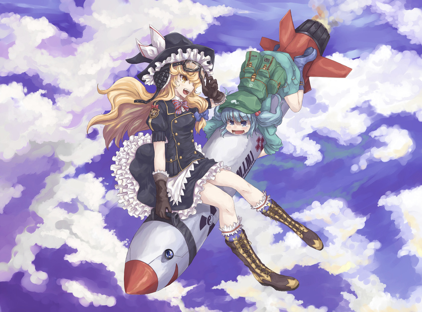 backpack bag blue_eyes blue_hair boots cross-laced_footwear flight_goggles frills gloves hair_bobbles hair_ornament hat highres kawashiro_nitori kirisame_marisa lace-up_boots mimi-chan missile multiple_girls mumulatte open_mouth short_hair sidesaddle sitting tears touhou two_side_up witch_hat yellow_eyes yin_yang