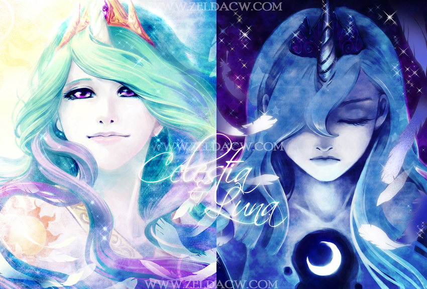 aqua_hair blue_hair celestia_(my_little_pony) character_name crown horn long_hair luna_(my_little_pony) multiple_girls my_little_pony my_little_pony_friendship_is_magic personification portrait purple_eyes realistic watermark web_address zelda_c_wang