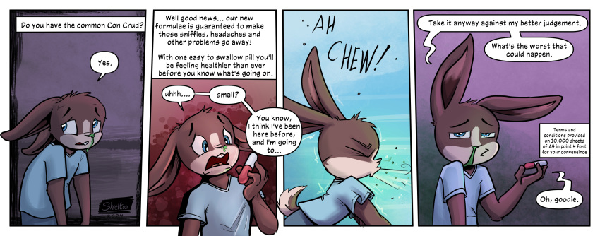 anthro blue_eyes bodily_fluids brown_body brown_fur clothed clothing comic dialogue english_text fur hi_res ill lagomorph leporid male mammal rabbit rob_(shieltar) scut_tail shieltar short_tail sneeze snot solo tail text