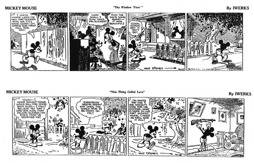 &hearts; avian bird black_and_white bouquet cane chair comic dialog dialogue disney english_text female fence flower floyd_gottfredson gun hat love male mammal mickey_mouse minnie_mouse mister_slicker monochrome moon mouse musical_instrument musical_note piano ranged_weapon rifle rodent shadow slicker squirrel suicide text tree umbrella walter_elias_"walt"_disney weapon winchester_rifle wood