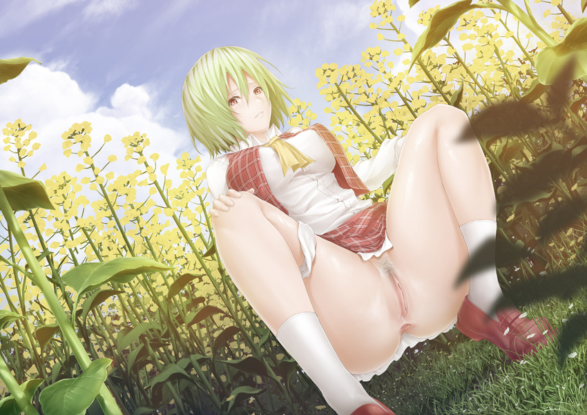 anus ascot blue_sky breasts cloud day field flower flower_field green_hair kazami_yuuka large_breasts open_clothes open_vest panties panties_around_one_leg pubic_hair pussy red_eyes shirt short_hair skirt skirt_lift sky solo spread_legs squatting tamamono_atae touhou uncensored underwear vest
