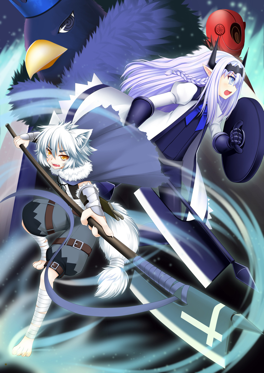 1girl absurdres animal_ears blue_eyes furry highres horns pixiv_fantasia pixiv_fantasia_sword_regalia pointy_ears poleaxe weapon white_hair wolf_ears wolflong yellow_eyes