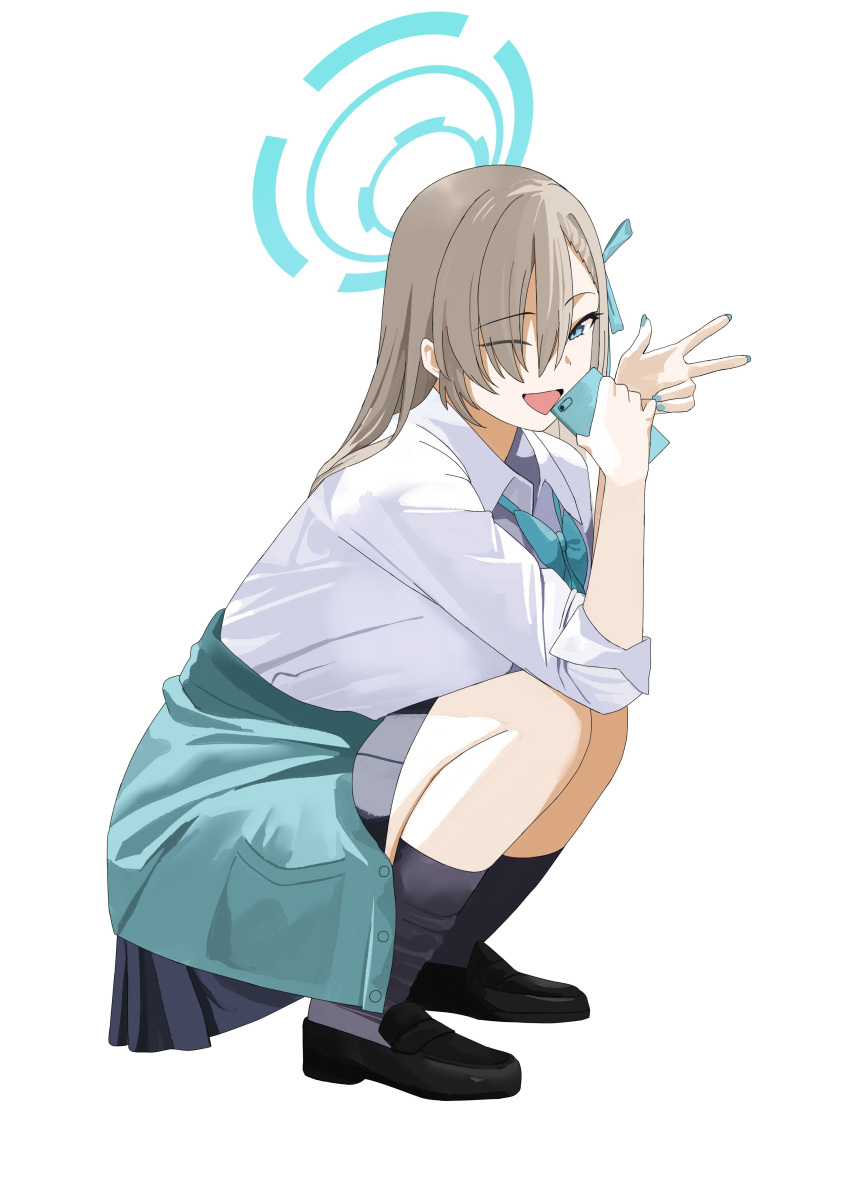 1girl ;d absurdres asuna_(blue_archive) black_footwear black_skirt black_socks blue_archive blue_bow blue_bowtie blue_eyes blue_nails blue_ribbon bow bowtie breasts cellphone clothes_around_waist collared_shirt commentary gyaru hair_ornament hair_ribbon hands_up highres holding holding_phone large_breasts light_brown_hair long_hair miniskirt nail_polish one_eye_closed open_mouth phone pleated_skirt ribbon shirt simple_background skirt slav_squatting smartphone smile socks solo squatting tnr_(horiko1525) v white_background white_shirt