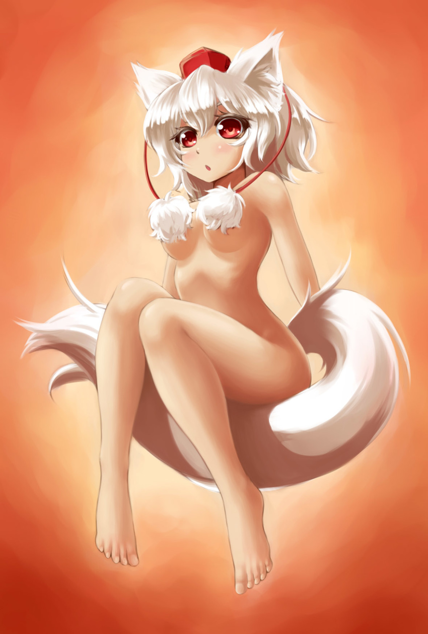 :o animal_ears barefoot breasts censored convenient_censoring hat highres inubashiri_momiji mazume medium_breasts nude open_mouth pom_pom_(clothes) red_eyes silver_hair sitting solo tail tokin_hat touhou white_hair wolf_ears wolf_tail