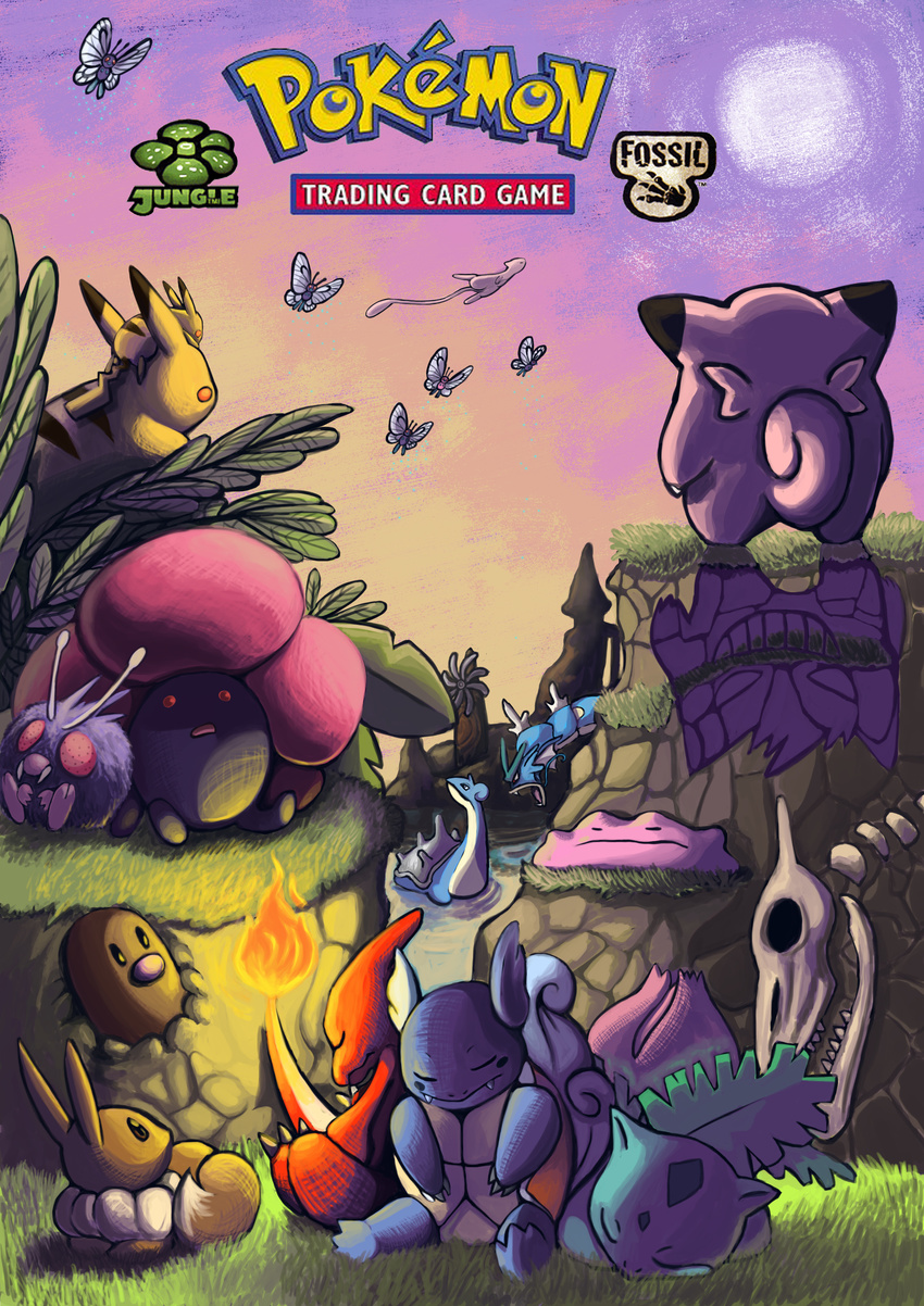 aerodactyl alternate_color box_art bug butterfly butterfree castle charmeleon clefairy coco_(missmanga14) commentary different_shadow diglett ditto eevee english floating flying fossil gen_1_pokemon gengar grass gyarados highres insect ivysaur lapras looking_back looking_up lying mew no_humans not_shiny_pokemon on_head on_stomach outdoors pikachu pokemon pokemon_(anime) pokemon_(creature) pokemon_trading_card_game shadow sitting size_difference sleeping sun teeth venonat vileplume wartortle
