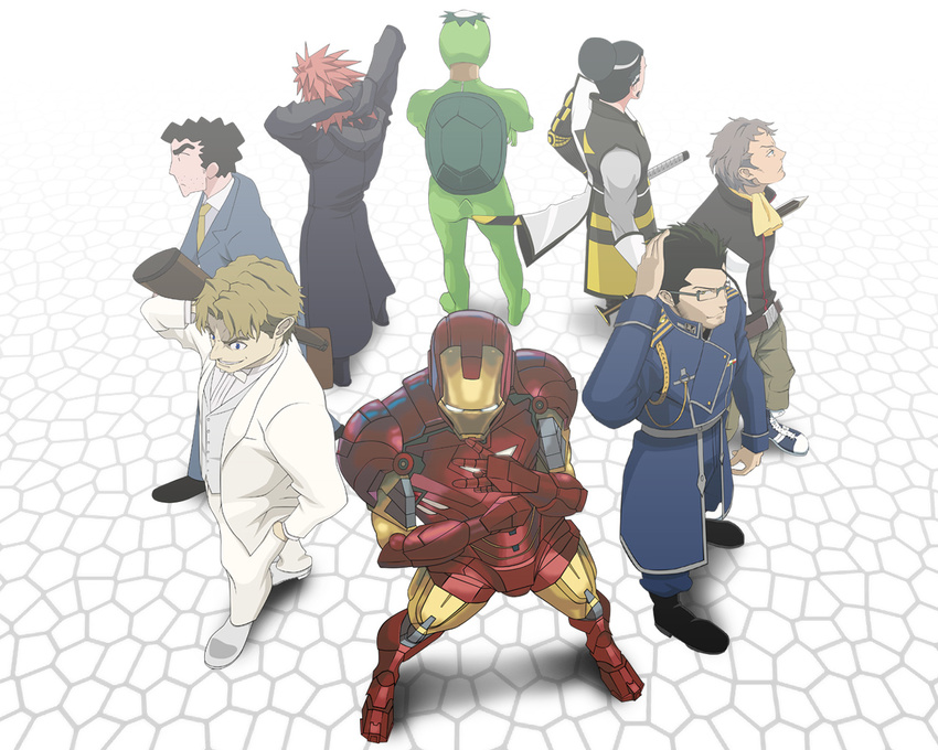 arakawa_under_the_bridge axel_(kingdom_hearts) baccano! black_coat_(kingdom_hearts) crayon_shin-chan crossover eureka_seven eureka_seven_(series) fujiwara_keiji fullmetal_alchemist holland_novak iron_man kappa_(arakawa) kingdom_hearts ladd_russo maes_hughes male_focus marvel matsunaga_hisahide_(sengoku_basara) mosaic_background multiple_boys multiple_crossover nohara_hiroshi paru0147 seiyuu_connection sengoku_basara tony_stark