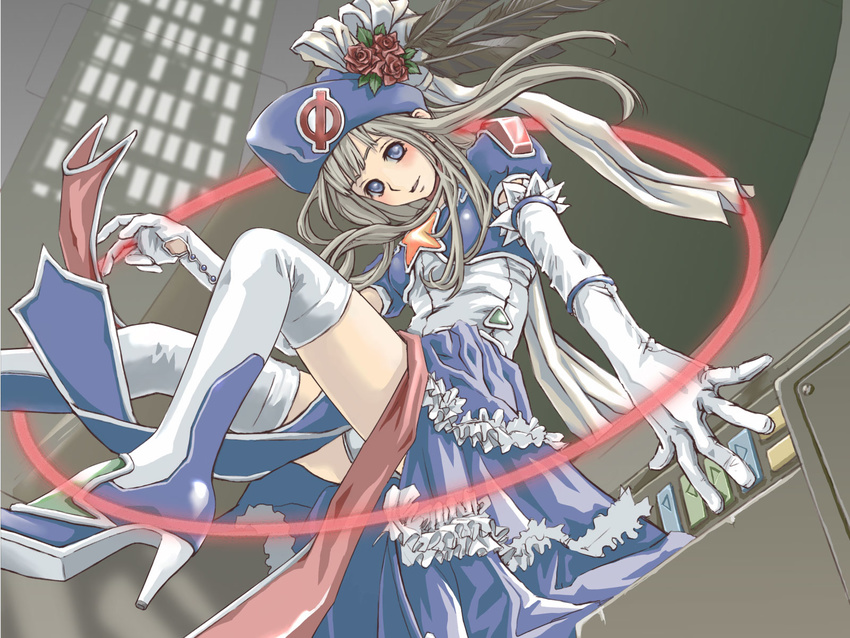 blue_eyes dress elbow_gloves feathers flower gloves hat high_heels highres long_hair opera-tan os-tan ribbon rose shoes silver_hair solo temp_h thighhighs thighs