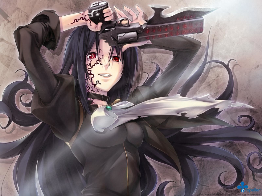 arms_up artist_request black_hair blade bullet_butlers collar facial_mark grin gun gunblade handgun highres long_hair ornate red_eyes revolver runes selma_fortenmayer slit_pupils smile solo trigger_discipline wallpaper weapon