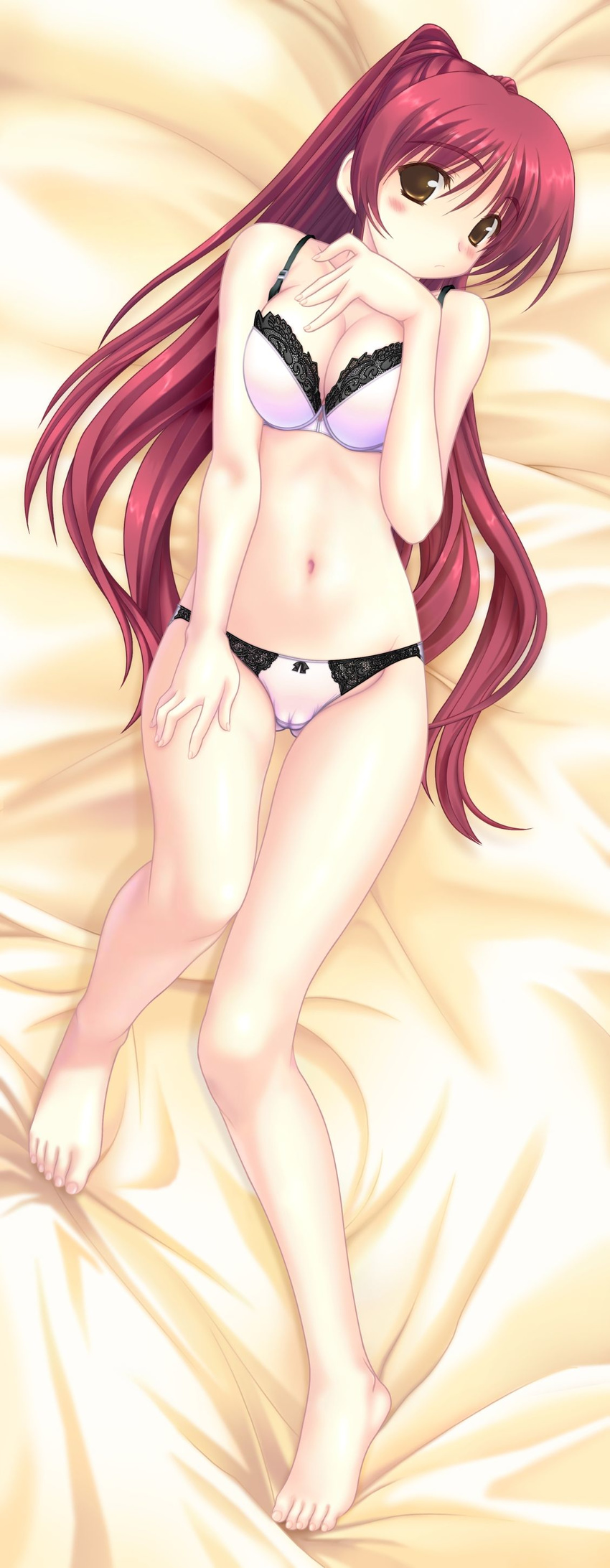 absurdres artist_request barefoot bed_sheet blush bra breasts brown_eyes cameltoe cleavage feet highres kousaka_tamaki large_breasts long_hair looking_at_viewer lying navel on_back panties red_hair solo thigh_gap to_heart_2 underwear underwear_only