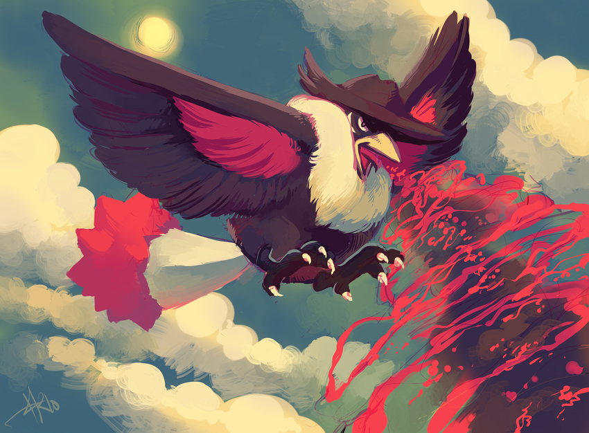 bad_deviantart_id bad_id beam bird blue_sky cloud commentary fedora flying full_body gen_4_pokemon glitchedpuppet hat highres honchkrow huge_filesize no_humans pokemon pokemon_(creature) sky sun wings