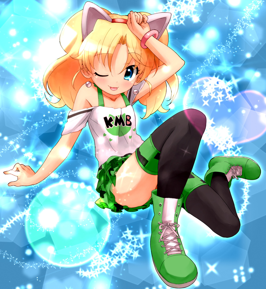 ;p animal_ears ankle_boots bare_shoulders black_legwear blue_background blue_eyes boots bracelet cat_ears cross-laced_footwear fake_animal_ears frilled_skirt frills hairband hand_on_own_head highres jewelpet_(series) jewelpet_twinkle jewelry lace-up_boots legs_folded looking_at_viewer miniskirt miria_marigold_mackenzie nyama one_eye_closed sitting skirt solo sparkle thighhighs thighs tongue tongue_out twintails