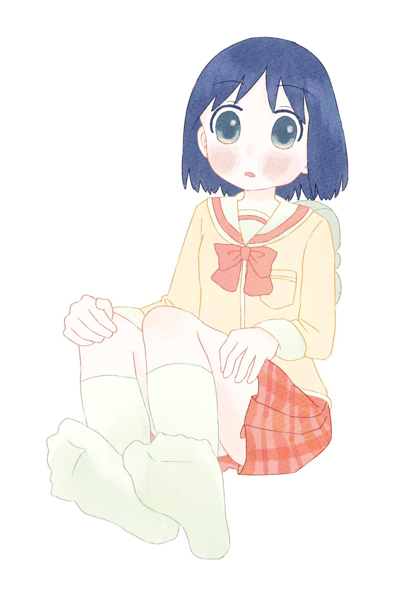 1girl ameyoshi831 blush feet foot_focus hands_on_own_legs highres knees_up nichijou parted_lips plaid_clothes plaid_skirt pleated_skirt sailor_collar school_uniform serafuku shinonome_nano skirt socks soles solo tokisadame_school_uniform watercolor_effect white_socks winding_key