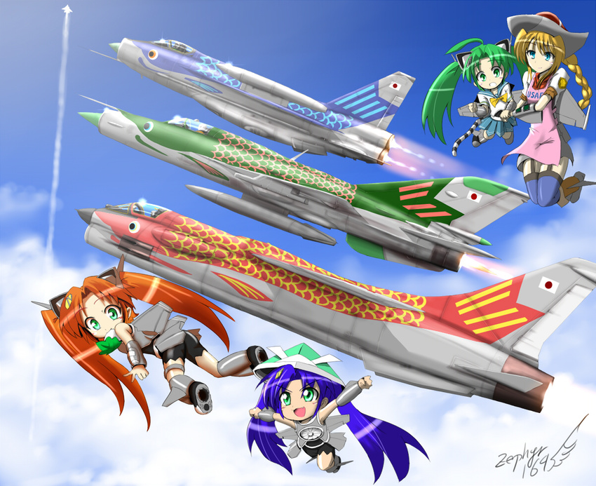 afterburner ahoge aircraft airplane alternate_hair_color armor artist_name blonde_hair blue_hair braid clenched_hands cloud condensation_trail day drop_tank eating english_electric_lightning f-16_fighting_falcon f-35_lightning_ii f-8_crusader flying food glint green_eyes green_hair hair_ornament helmet huge_ahoge japanese_armor jet kabuto kashiwa_mochi_(food) koinobori long_hair mecha_musume mig-21 military mochi mouth_hold multiple_girls open_mouth origami original outstretched_arms personification pleated_skirt red_hair school_uniform serafuku signature skirt sky spread_arms thighhighs twintails wagashi watermark zephyr164