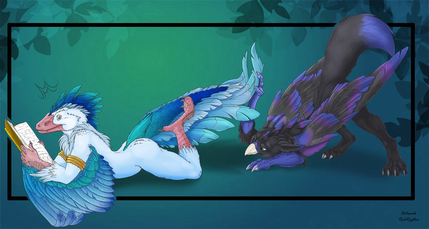 archaeopteryx ass_up avian black_feathers blue blue_feathers book dinosaur feathers female lying nude on_front raised_tail raptor reading redraptor16 scalie surprise white white_feathers wings