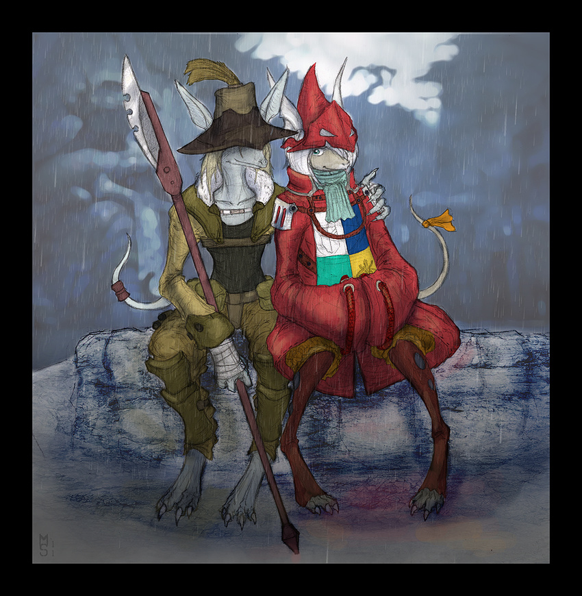 1girl animal_ears barefoot blue_eyes burmecian claws couple final_fantasy final_fantasy_ix fratley freija_crescent halberd hat hat_over_eyes hat_over_one_eye hetero hug polearm rain rat_ears rat_tail ribbon tail tail_ribbon toeless_legwear weapon white_hair wide_sleeves zaeta-k