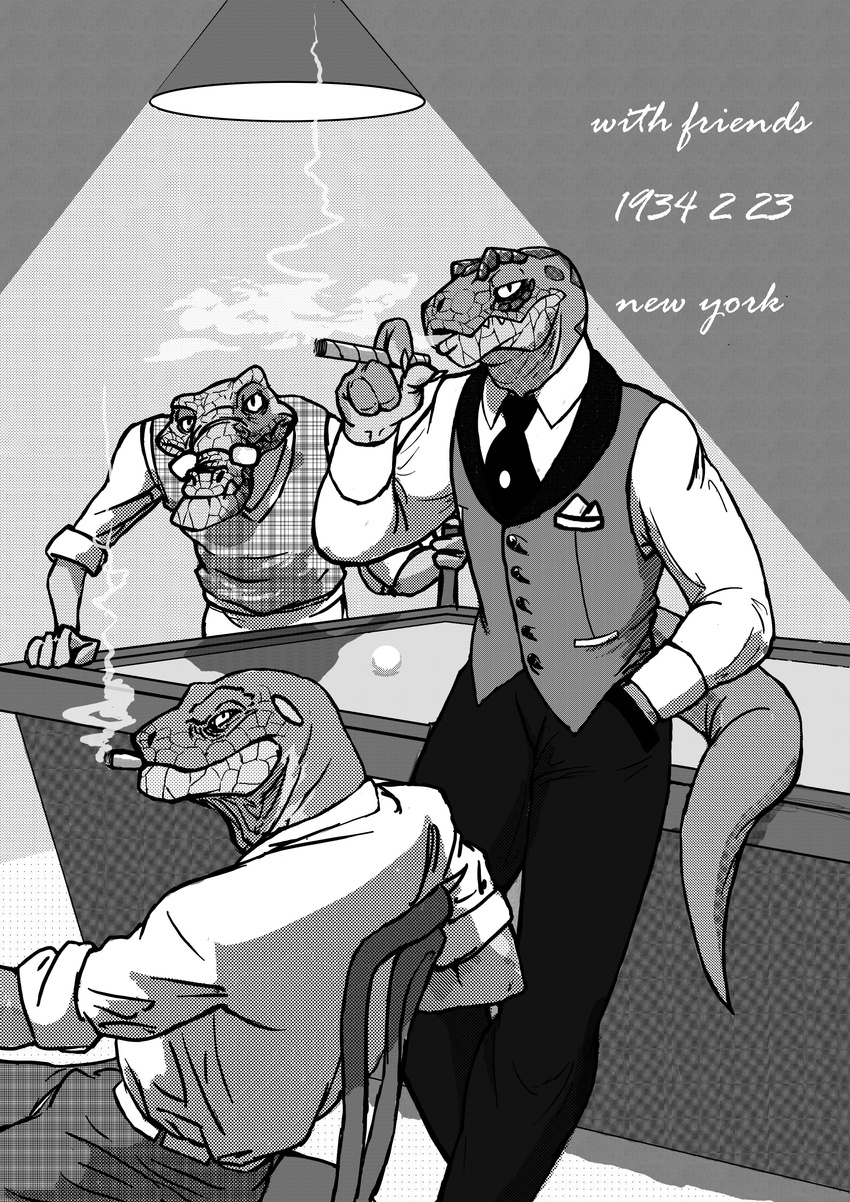 anthro billiard cigar classy clothed clothing crocodile cue_ball eyewear glasses greyscale group lamp monochrome reptile scalie schbelt smoking snake stippling tone_work