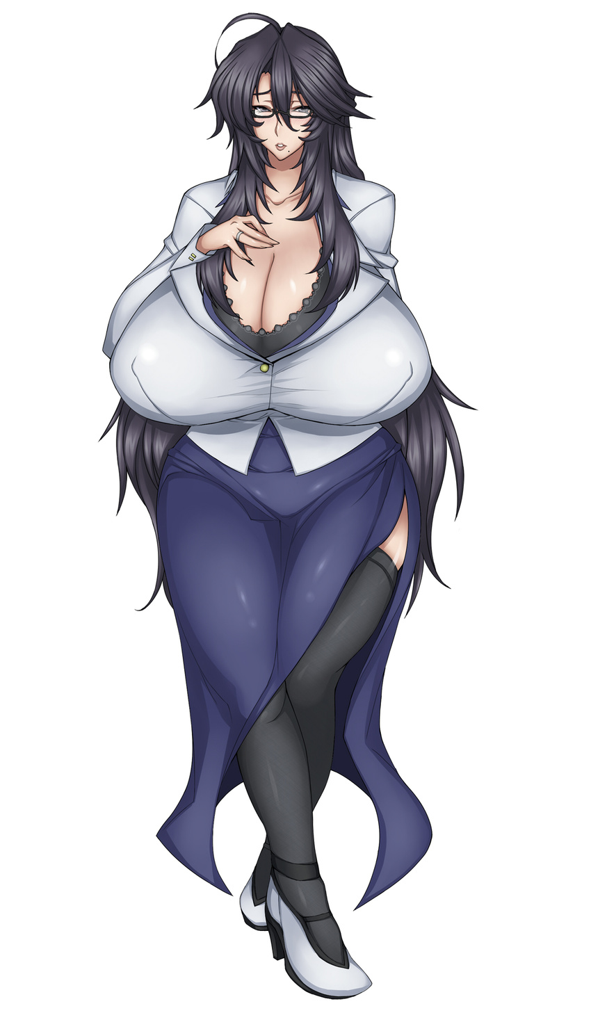 1girl ahoge beauty_mark black_eyes black_hair black_legwear black_thighhighs breasts cleavage curvy erect_nipples female gigantic_breasts glasses heels high_heels highres hips kurokagami_ranko legs long_hair long_skirt milf mole muchigaku original otogi_tetsurou sagging_breasts shirt shoes simple_background skirt solo standing thighhighs white_background wide_hips