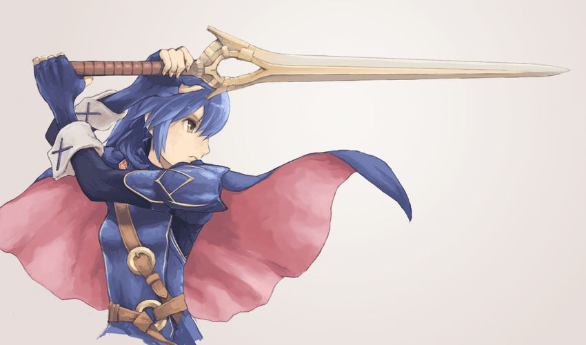 armor blue_hair brown_eyes cape falchion_(fire_emblem) fingerless_gloves fire_emblem fire_emblem:_kakusei gloves holding holding_sword holding_weapon lucina pota_(nabrinko) profile solo sword two-handed upper_body weapon