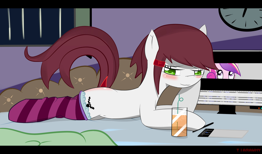 brown_hair computer cute cutie_mark drink equine female feral flash friendship_is_magic green_eyes hair horse looking_at_viewer lying mammal my_little_pony oc on_front original_character pony princess_cadance_(mlp) princess_cadence_(mlp) screen socks tablet tiarawhy tiarawhy_(mlp)