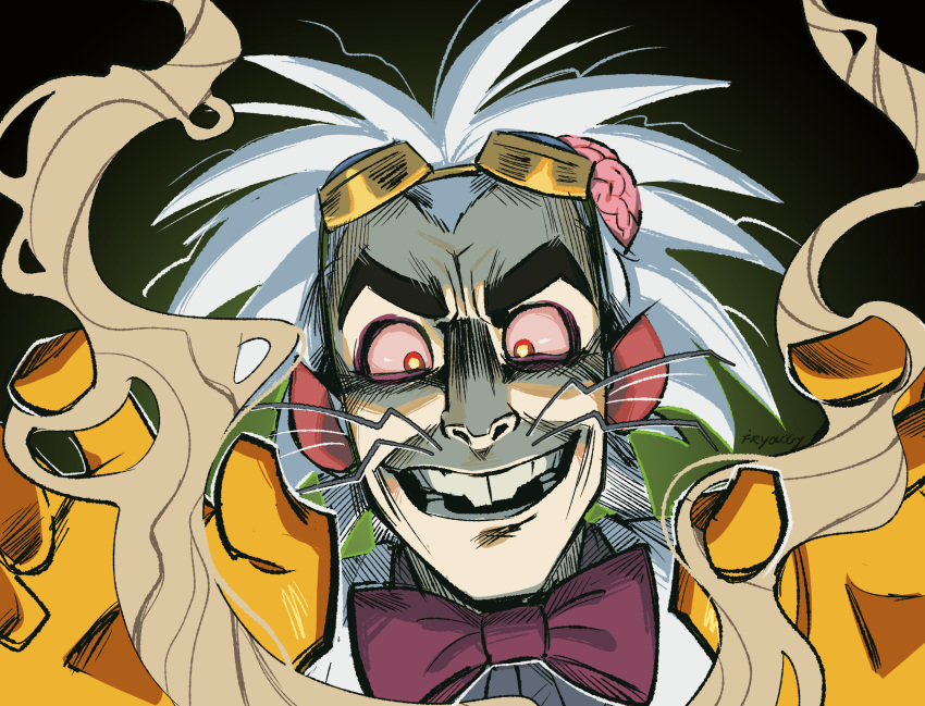 1boy artist_name bags_under_eyes black_background bow bowtie bright_pupils buck_teeth coat collared_shirt colored_sclera comic_panel_redraw commentary crazy_eyes crazy_smile derivative_work dr._two-brains english_commentary evil_smile exposed_brain fryology furrowed_brow gloves goggles goggles_on_head green_background grin highres lab_coat looking_at_viewer mad_scientist male_focus medium_hair messy_hair mismatched_eyebrows nose nostrils open_mouth pink_sclera purple_bow purple_bowtie red_eyes scientist shaded_face shirt signature simple_background smile solo steven_boxleitner teeth whiskers white_coat white_hair widow's_peak wordgirl_(series) yellow_gloves yellow_pupils