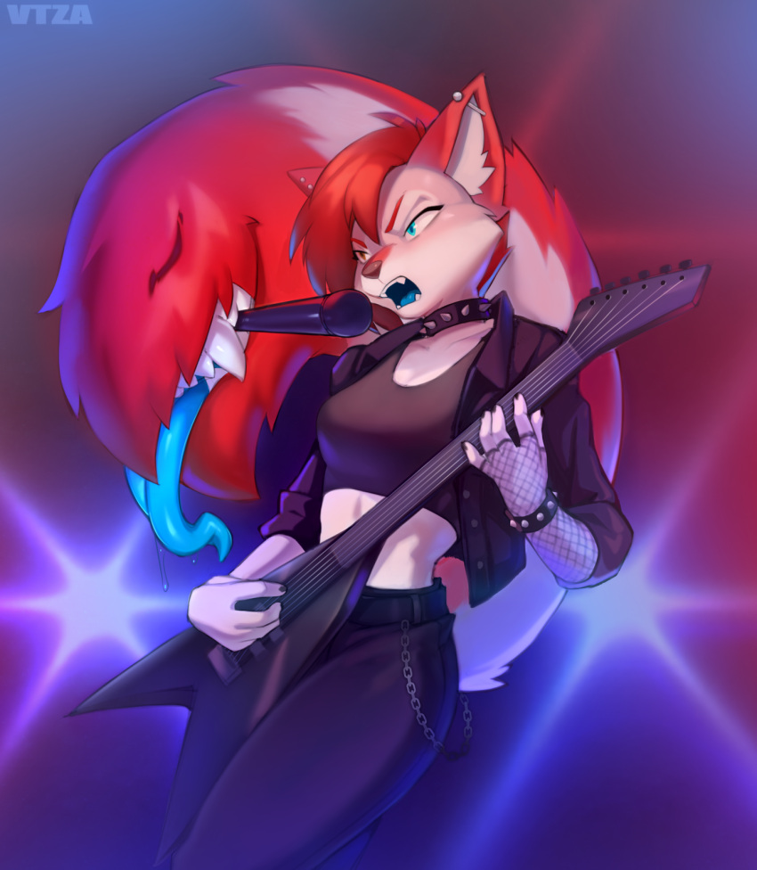 ahya_(legend_of_ahya) anthro bracelet canid canine canis chain clothing collar crop_top electronics female guitar heterochromia hi_res jacket jewelry legend_of_ahya mammal microphone midriff musical_instrument musician plucked_string_instrument shirt singer singing solo stage_lights string_instrument tail tail_mouth taylor_renee_wolford_(darkflamewolf) tongue topwear unusual_anatomy unusual_tail vtza wolf
