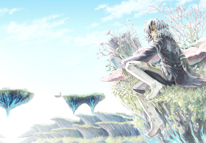 alvis beco boots floating_island fur_trim grass island male_focus silver_hair sitting solo thigh_boots thighhighs white_hair xenoblade_(series) xenoblade_1