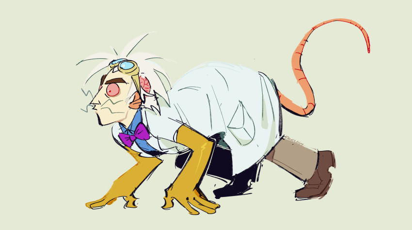 1boy absurdres all_fours blue_shirt bow bowtie brown_shoes coat collared_shirt colored_sclera commentary dr._two-brains english_commentary exposed_brain feral_instincts fryology full_body gloves highres lab_coat mad_scientist male_focus medium_hair mouse_boy mouse_tail pink_sclera purple_bow purple_bowtie red_eyes scientist shirt shoes simple_background sketch solo steven_boxleitner tail whiskers white_coat white_hair wordgirl_(series) yellow_gloves