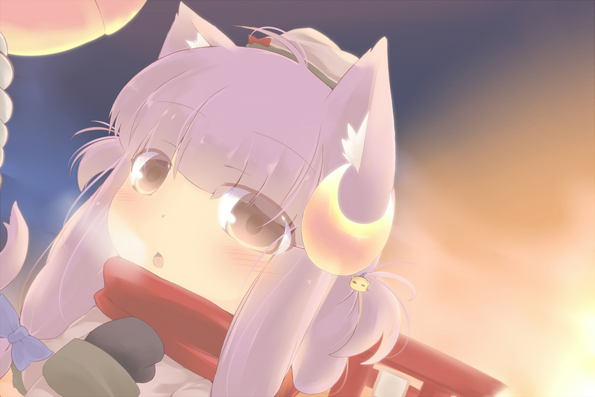 alternate_hairstyle animal_ears blush brown_eyes cat_ears catchouli crescent crescent_hair_ornament dress fang gloves hair_ornament hair_ribbon hat hazuki_ruu highres kemonomimi_mode kuzuneko long_hair looking_at_viewer no_hat no_headwear original patchouli_knowledge purple_hair ribbon scarf shrine_bell solo torii touhou twintails