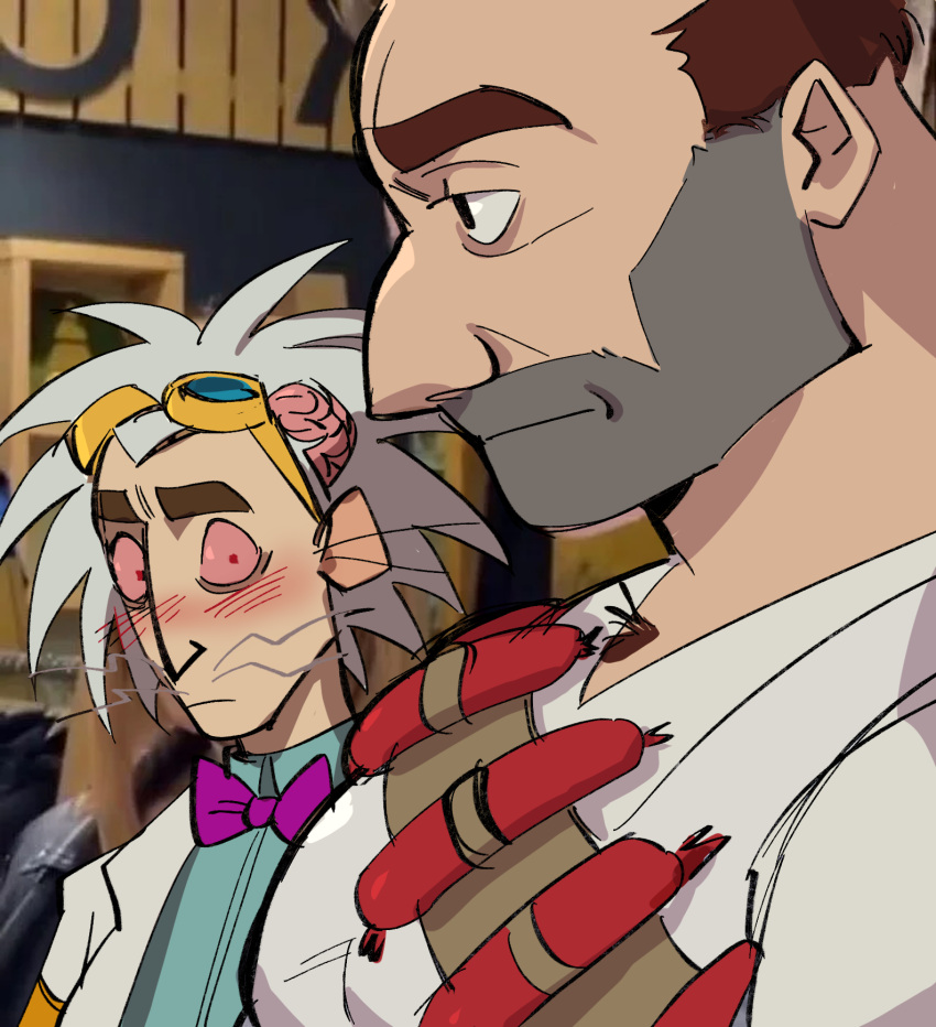 2boys aqua_shirt bags_under_eyes bara black_eyes blush bow bowtie brown_hair closed_mouth collared_shirt colored_sclera commentary derivative_work dr._two-brains english_commentary exposed_brain eyewear_on_head facial_hair food frown fryology girl_staring_at_guy's_chest_(meme) gloves goggles goggles_on_head grey_hair highres indoors large_pectorals looking_at_another male_focus manly mature_male meme messy_hair mismatched_eyebrows multiple_boys muscular muscular_male nose pectorals photo_background pink_sclera purple_bow purple_bowtie red_eyes sausage shirt short_hair steven_boxleitner stubble the_butcher_(wordgirl) thick_eyebrows upper_body v-neck whiskers white_shirt wordgirl_(series) yaoi yellow_gloves