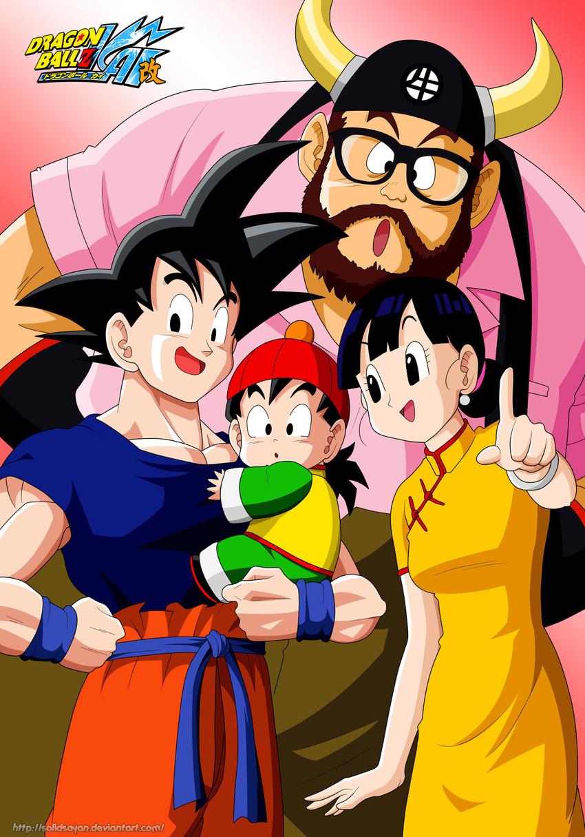 3boys :d bad_deviantart_id bad_id beard black_eyes black_hair brown_hair chi-chi_(dragon_ball) child dragon_ball dragon_ball_kai dragon_ball_z facial_hair father_and_daughter father_and_son glasses grandfather_and_grandson gyuu_mao hat height_difference highres horns husband_and_wife index_finger_raised mother_and_son multiple_boys muscle open_mouth size_difference smile solidsayan son_gohan son_gokuu spiked_hair suspenders