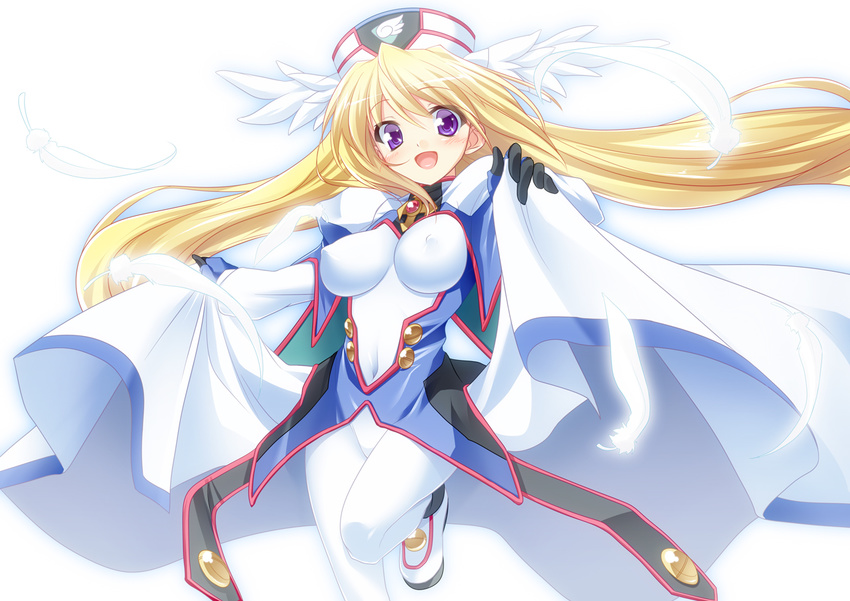 blonde_hair blush bodysuit breasts cape covered_nipples feathers hat head_wings impossible_clothes long_hair looking_at_viewer medium_breasts mtu_(orewamuzituda) navel open_mouth purple_eyes simple_background skirt_hold smile solo ufo_princess_valkyrie valkyrie_(ufo_princess_valkyrie) very_long_hair white_background