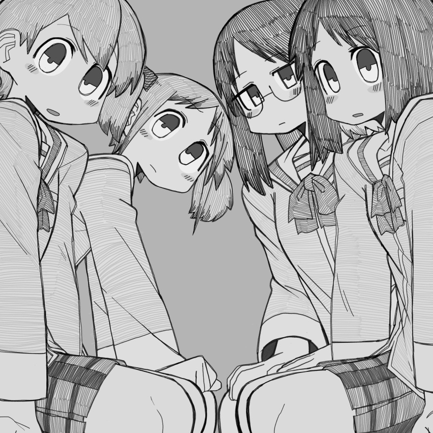 4girls absurdres aioi_yuuko blush bone_nigi closed_mouth commentary glasses grey_hair highres looking_at_viewer minakami_mai multiple_girls naganohara_mio nichijou open_mouth school_uniform shinonome_nano short_hair short_twintails skirt tokisadame_school_uniform twintails