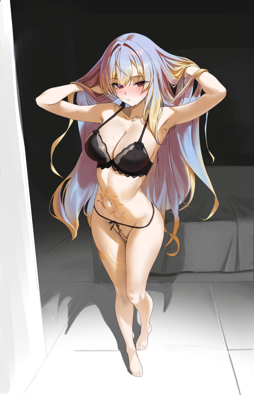 1girl absurdres artist_request barefoot black_bra blonde_hair blue_hair blush bra breasts cleavage closed_mouth commission full_body highres large_breasts long_hair looking_at_viewer multicolored_hair navel original pearl_thong red_eyes second-party_source solo standing stomach stomach_tattoo tattoo underwear very_long_hair