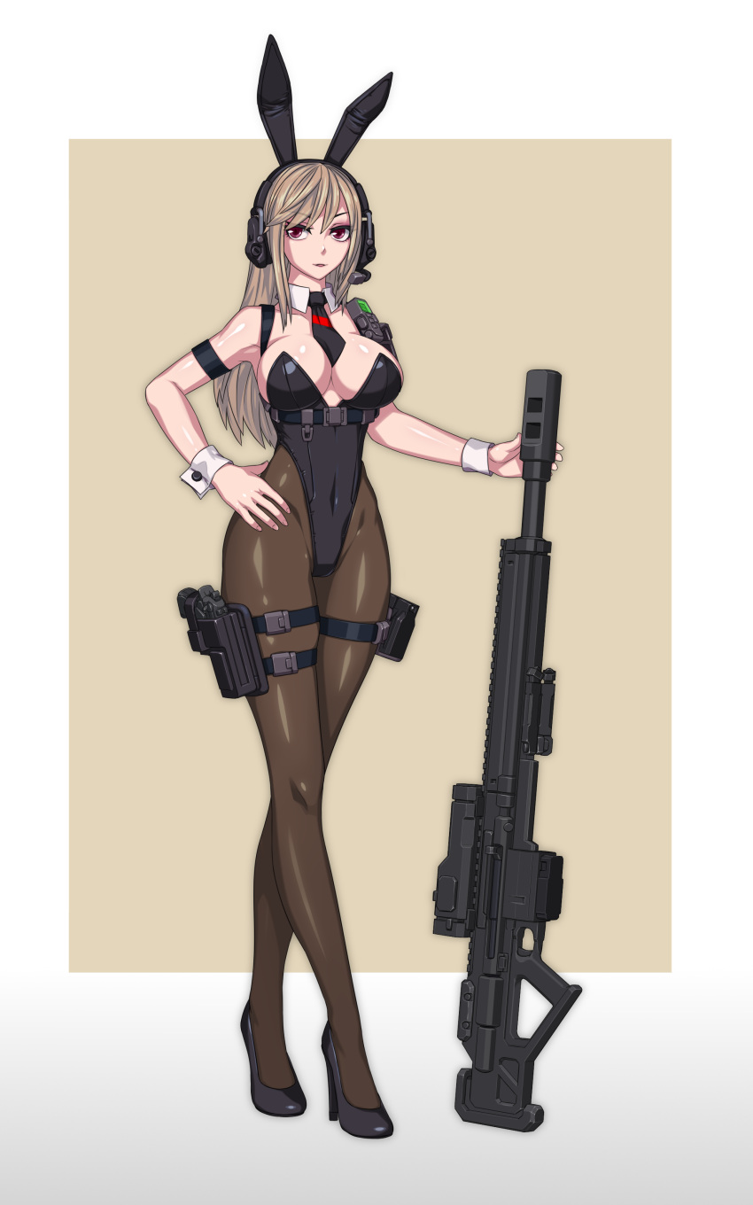 1girl absurdres animal_ears anti-materiel_rifle black_necktie blonde_hair breasts chest_harness covered_navel crossed_legs detached_collar fake_animal_ears fake_tail full_body gun hand_on_own_hip harness headset high_heels highleg highleg_leotard highres holding holding_gun holding_weapon holster large_breasts leotard long_hair looking_at_viewer necktie original pantyhose playboy_bunny rabbit_ears rabbit_tail red_eyes rifle science_fiction sniper_rifle solo standing strapless strapless_leotard tactical_playboy_bunny tail tanke_laide thigh_holster watson_cross weapon wrist_cuffs