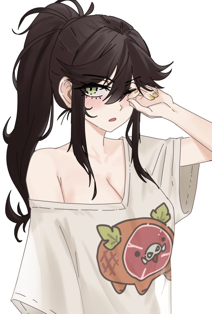 1girl blush breasts brown_hair cleavage commission english_commentary green_eyes high_ponytail highres indie_virtual_youtuber kara_wilderwood large_breasts looking_at_viewer one_eye_closed open_mouth oversized_clothes oversized_shirt ponytail reze_(rewindze) rubbing_eyes shirt simple_background single_off_shoulder solo vgen_commission virtual_youtuber white_background yellow_nails