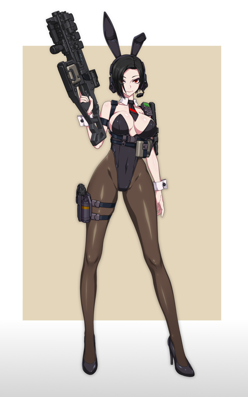 1girl absurdres animal_ears arm_at_side assault_rifle black_hair black_necktie breasts chest_harness covered_navel detached_collar fake_animal_ears fake_tail full_body gun hair_over_one_eye harness headset high_heels highleg highleg_leotard highres holding holding_gun holding_weapon holster large_breasts leotard looking_at_viewer mole mole_under_eye necktie original pantyhose playboy_bunny rabbit_ears rabbit_tail red_eyes rifle science_fiction short_hair solo standing strapless strapless_leotard tactical_playboy_bunny tail tanke_laide thigh_holster trigger_discipline very_short_hair weapon wrist_cuffs