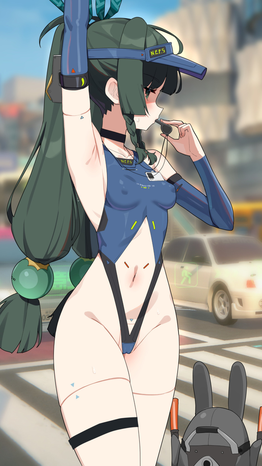 1girl absurdres android arm_up armpits bangboo_(zenless_zone_zero) blurry blurry_background braid breasts car covered_nipples green_eyes green_hair highleg highleg_leotard highres holding holding_whistle leotard long_hair motor_vehicle navel presenting_armpit qingyi_(zenless_zone_zero) revealing_clothes revision small_breasts solo sweaty_armpits thigh_strap thighs twin_braids twintails w.k whistle zenless_zone_zero