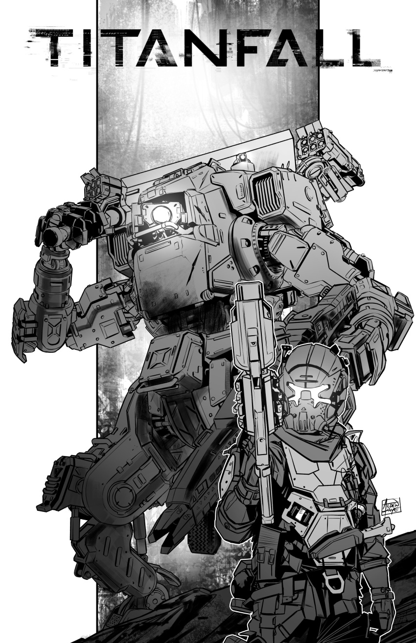 1boy 1other absurdres aldenk_art animification assault_rifle bt-7274 copyright_name gloves glowing glowing_eye glowing_eyes greyscale gun highres holding holding_gun holding_weapon jack_cooper looking_at_viewer male_focus mask mecha missile_pod monochrome one-eyed open_hand over_shoulder pouch rifle robot science_fiction shoulder_cannon spot_color titanfall_(series) titanfall_2 vrchat weapon weapon_over_shoulder