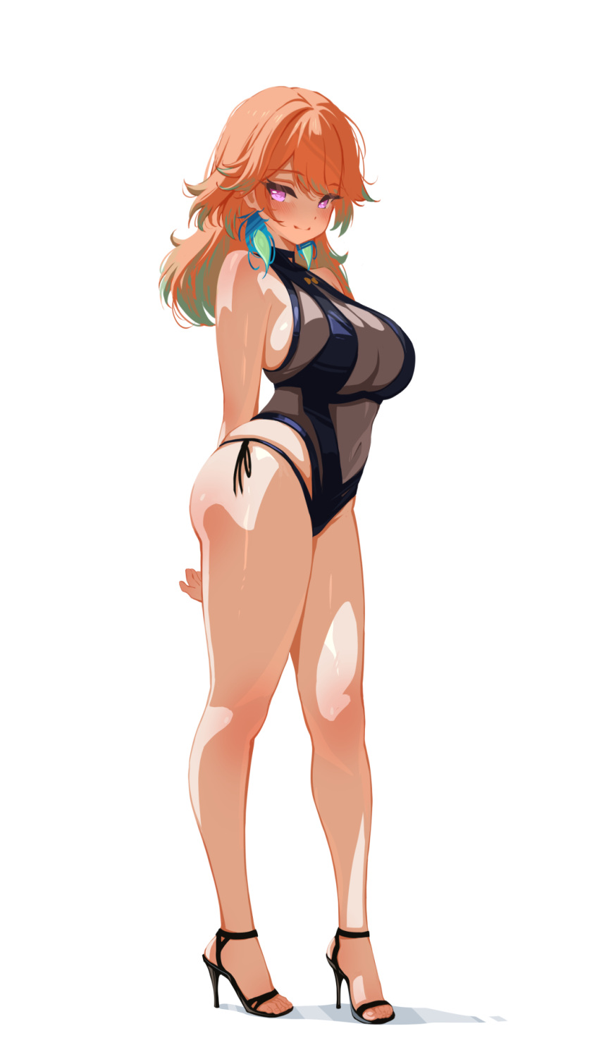 1girl arms_behind_back bare_legs breasts cleavage covered_navel curvy earrings feather_earrings feathers feet full_body green_hair high_heels highres hololive hololive_english jewelry large_breasts legs multicolored_hair official_alternate_costume one-piece_swimsuit orange_hair perfume_(takanashi_kiara) purple_eyes sandals sansha_art see-through_cleavage see-through_clothes simple_background solo strappy_heels streaked_hair swimsuit takanashi_kiara thighs toenails toes white_background