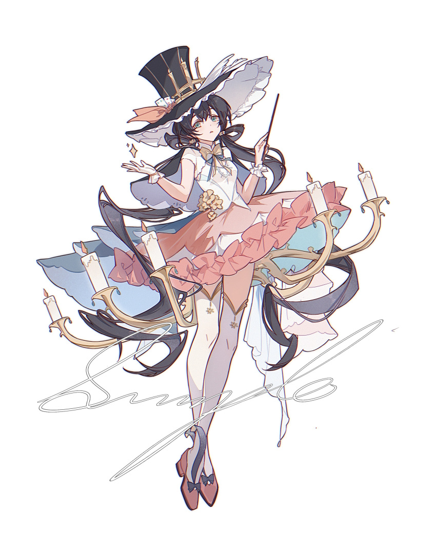 1girl absurdres aqua_eyes black_hair black_hat blue_bow blue_bowtie bow bowtie candle candlestand capelet card cloudyman commentary commission crossed_ankles dress frilled_wrist_cuffs frills full_body gloves hat highres holding holding_wand long_hair looking_at_viewer multicolored_dress original pink_shoes playing_card playing_card_hat_ornament sample_watermark shoes simple_background single_glove single_wrist_cuff solo sparkle thighhighs top_hat very_long_hair wand watermark white_background white_gloves white_thighhighs white_wrist_cuffs wrist_cuffs yellow_bow yellow_bowtie zettai_ryouiki