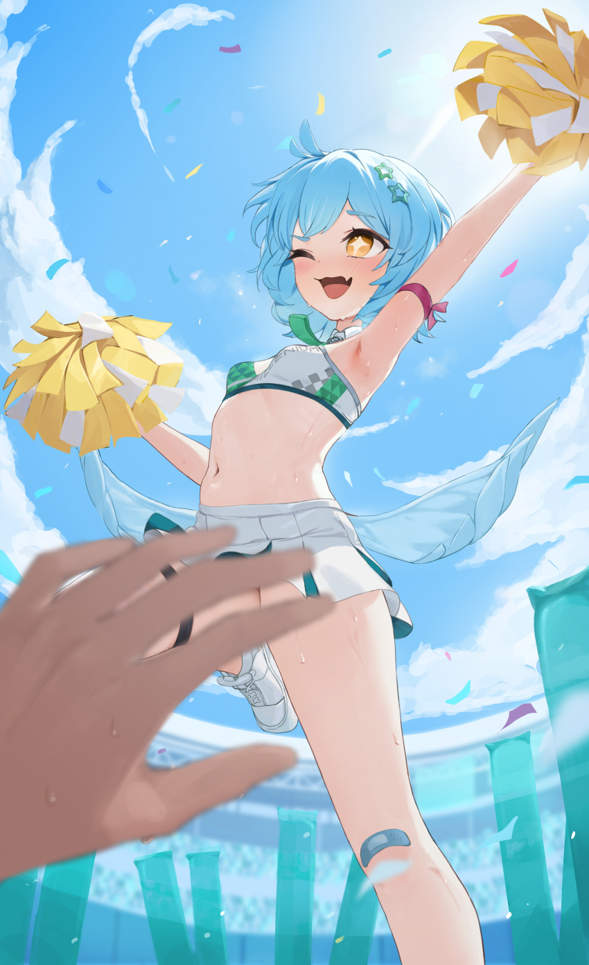 1girl absurdres arm_up armpits artist_request bandaid bandaid_on_knee bandaid_on_leg blue_hair blue_sky breasts cheerleader commission crop_top day fang hair_ornament highres holding holding_pom_poms leg_up navel one_eye_closed open_mouth original pom_pom_(cheerleading) pov pov_hands second-party_source shoes short_hair skin_fang skirt sky small_breasts smile sneakers solo_focus star_(symbol) star_hair_ornament stomach sweat white_shoes white_skirt yellow_eyes